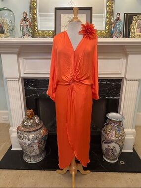 Young Fabulous & Broke Vibrant Orange Knot-Front Midi Dress with Floral Pin